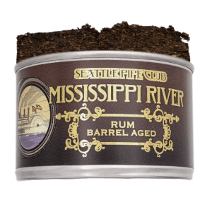 Seattle Pipe Club Mississippi River rum barrel aged tobacco tin with open top showing dark tobacco inside