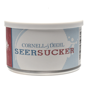 Cornell & Diehl Seersucker tobacco tin with white lid and blue-striped label, product photo on white background
