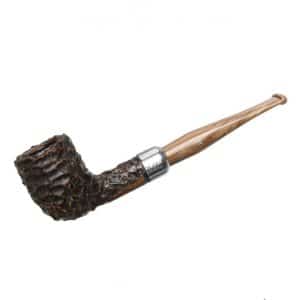 Rusticated bent tobacco pipe with dark textured bowl, smooth light wood stem, and silver band on a white background