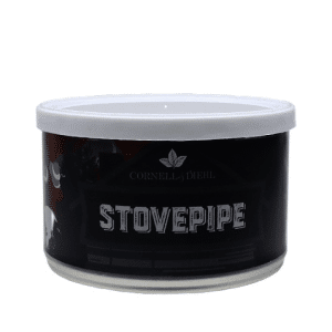 Black plastic tub with white lid labeled “STOVEPIPE” and “Cornell & Diehl” on a white background